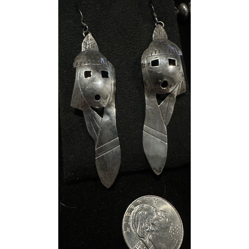 Vintage Navajo Maiden Sterling Silver Kachina Dancer Dangle Hook Earrings Native - Picture 2 of 8